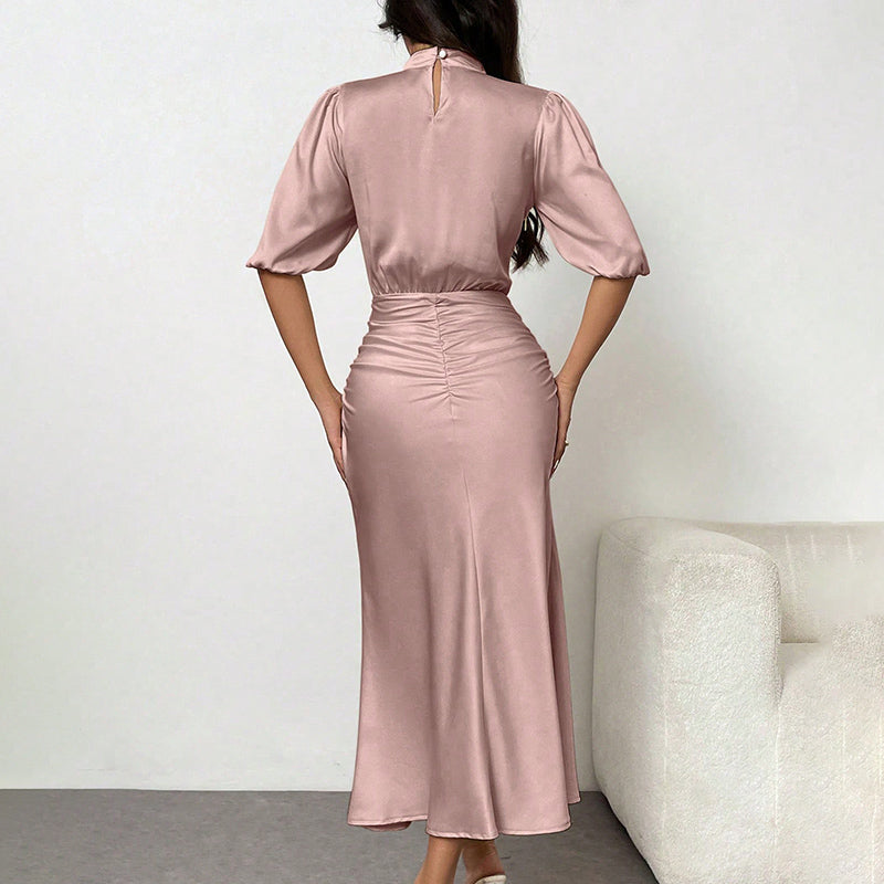 Letizia Satin Ruched Mock-Neck Midi Dress