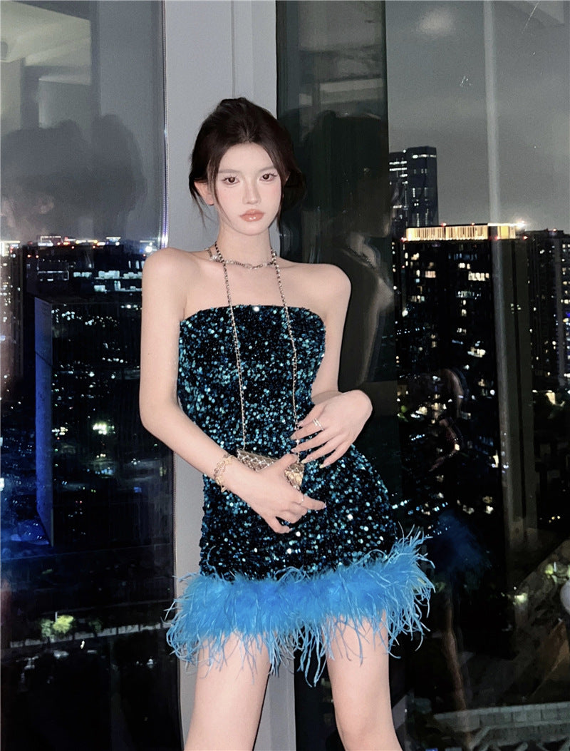 Fulvia feather-hem sequin mini