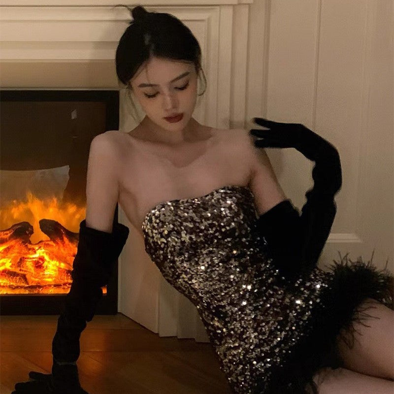 Fulvia feather-hem sequin mini