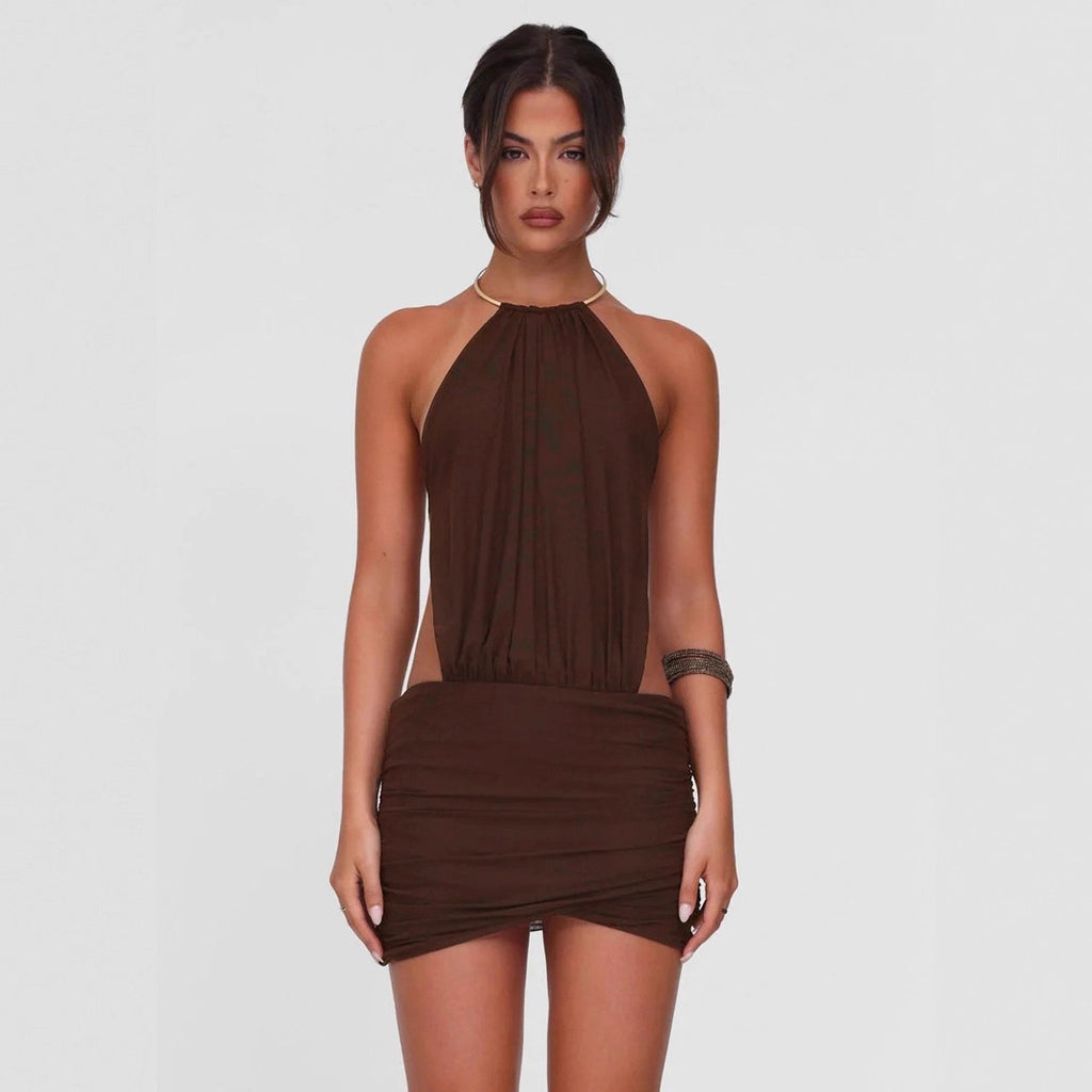 Gilda Gold Ring Halter Backless Mini Dress