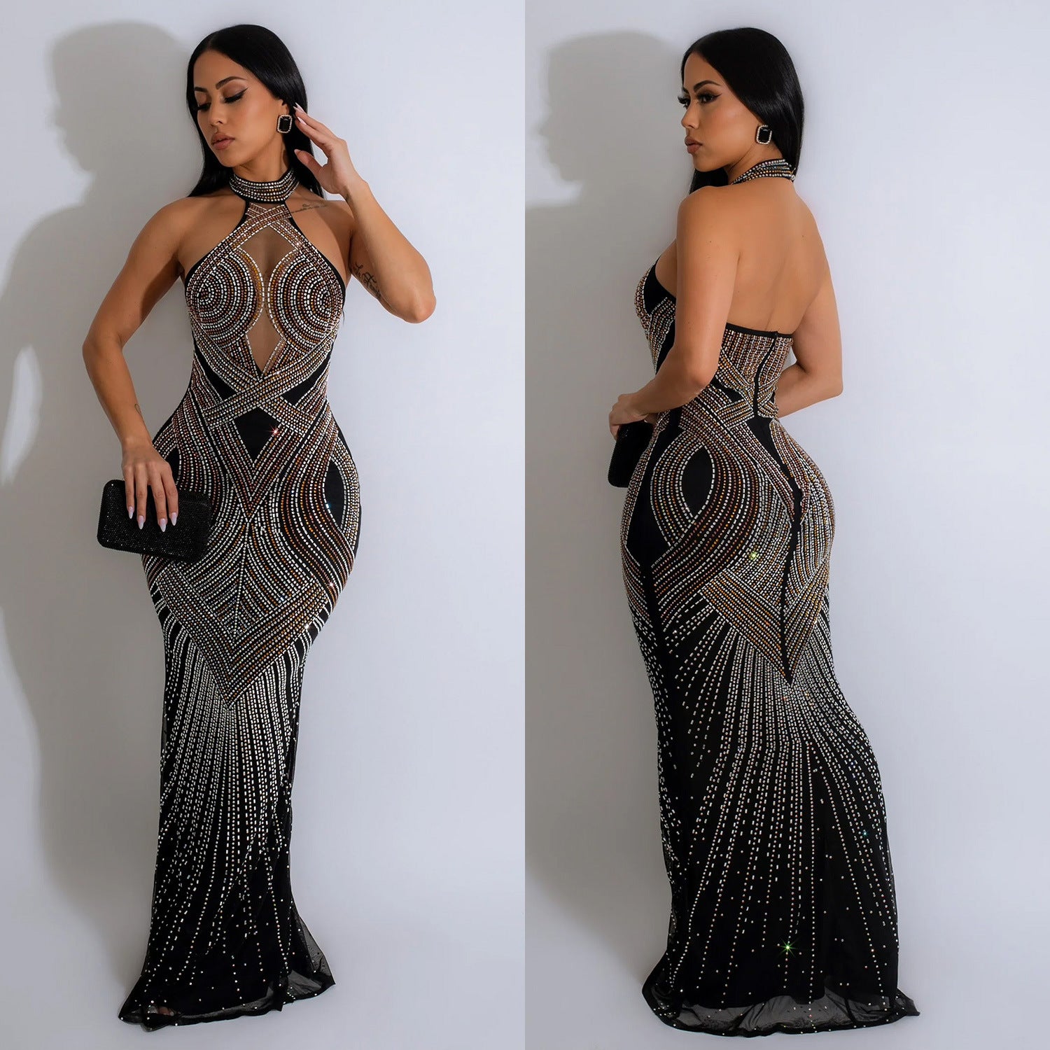 Mirta Rhinestone Mesh Halter Backless Maxi Dress