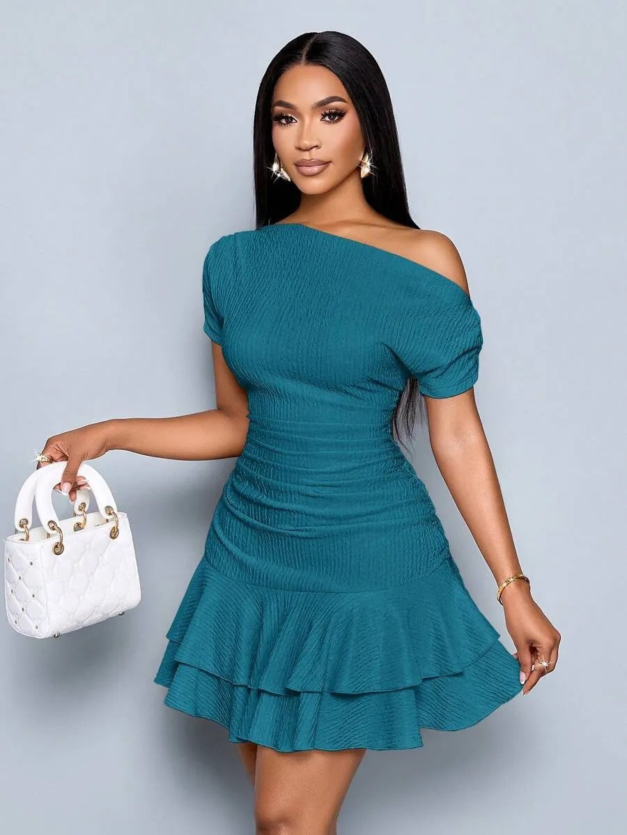 Rachele One-Shoulder Ruched Ruffle-Hem Mini Dress
