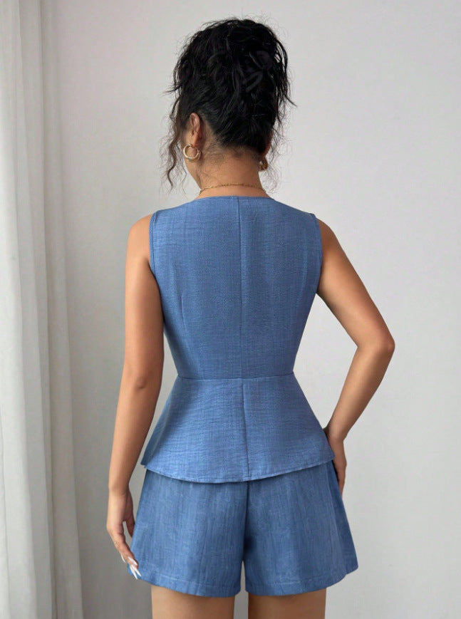 Faustina Peplum Blazer Vest and Tailored Shorts Two-Piece Set
