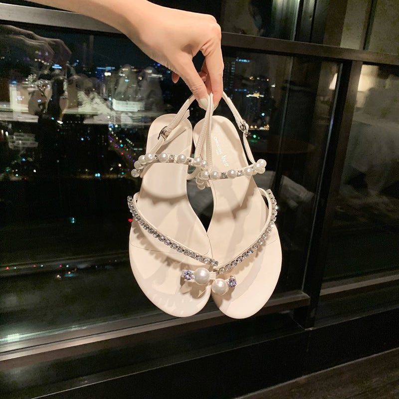 Fiordaliso Pearl Embellished Flat Thong Sandals