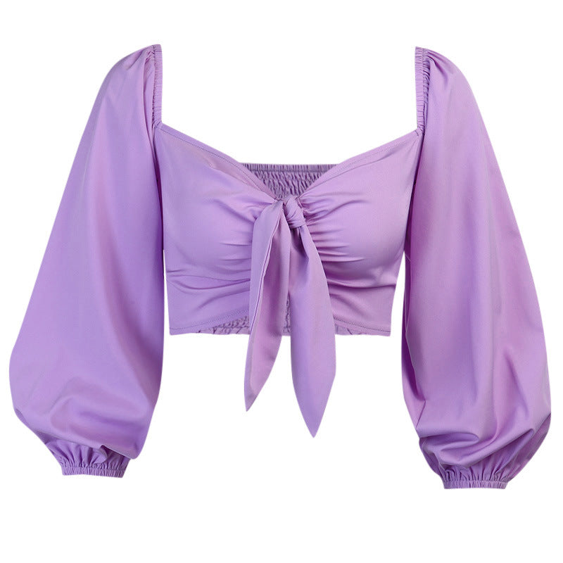 Lucinda Off-Shoulder Puff-Sleeve Bow Crop Top