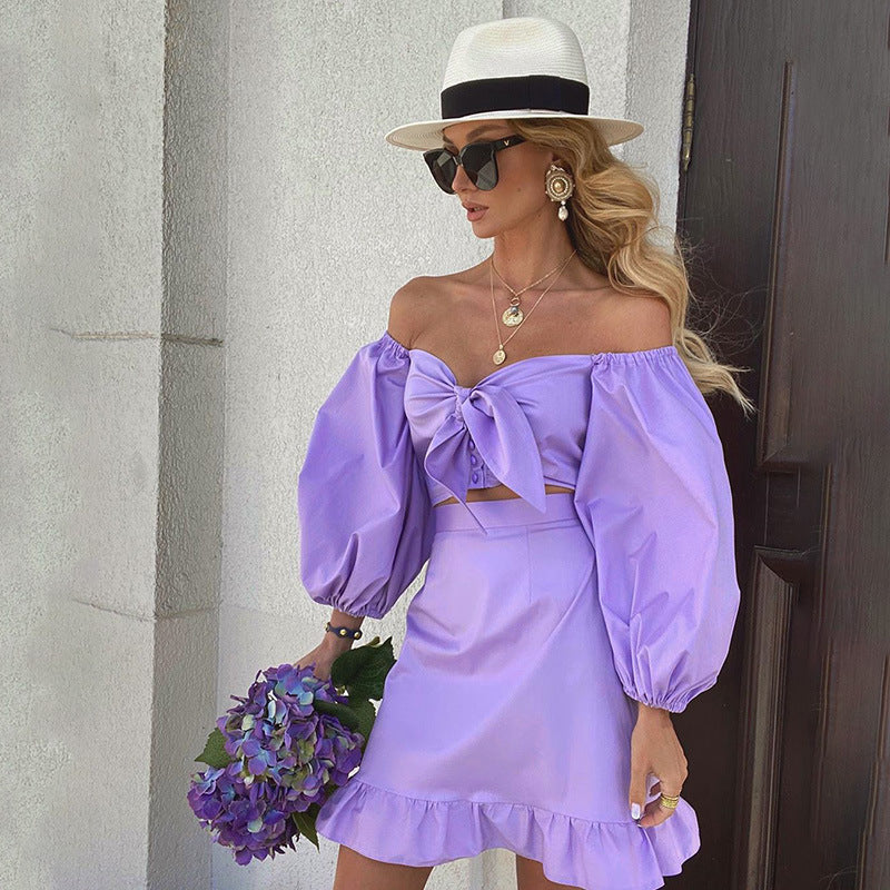 Lucinda Off-Shoulder Puff-Sleeve Bow Crop Top