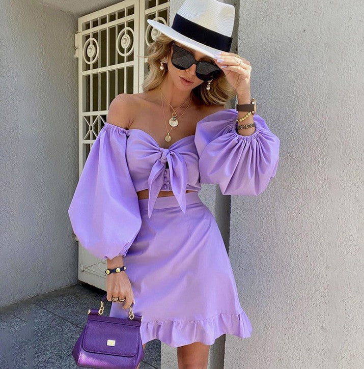 Lucinda Off-Shoulder Puff-Sleeve Bow Crop Top