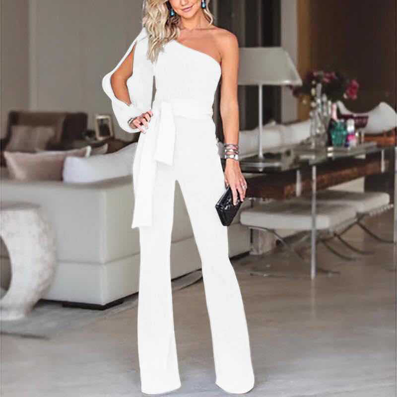 Leonora One-Shoulder Split-Sleeve Wide-Leg Jumpsuit