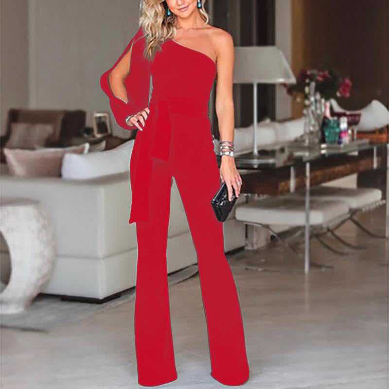 Leonora One-Shoulder Split-Sleeve Wide-Leg Jumpsuit