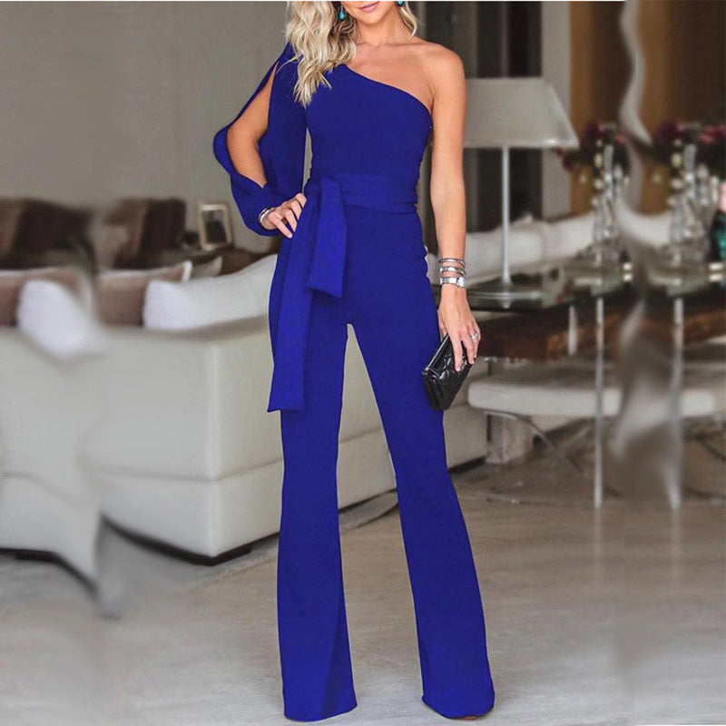Leonora One-Shoulder Split-Sleeve Wide-Leg Jumpsuit