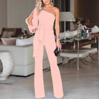 Leonora One-Shoulder Split-Sleeve Wide-Leg Jumpsuit