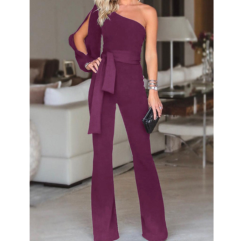 Leonora One-Shoulder Split-Sleeve Wide-Leg Jumpsuit