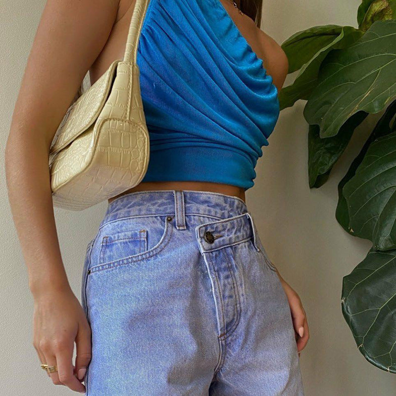 Ginia One-Shoulder Ruched Crop Top