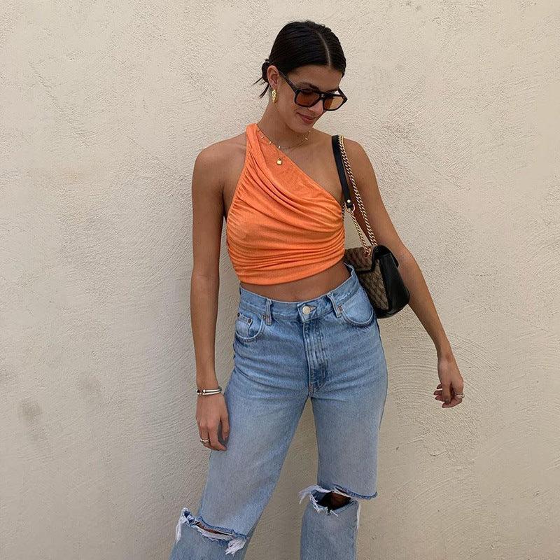 Ginia One-Shoulder Ruched Crop Top