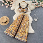 Albina Baroque-Print Corset Top & Pleated Skirt Set
