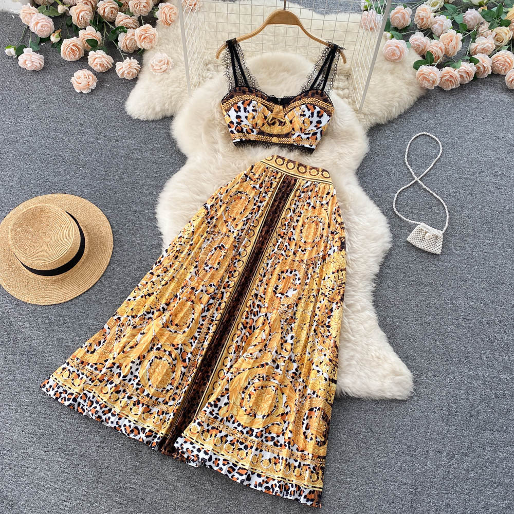 Albina Baroque-Print Corset Top & Pleated Skirt Set