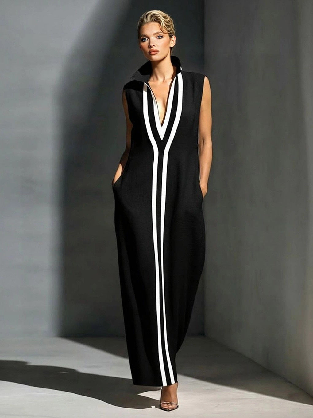 Egle Colorblock Contrast-Stripe Ribbed Maxi Dress