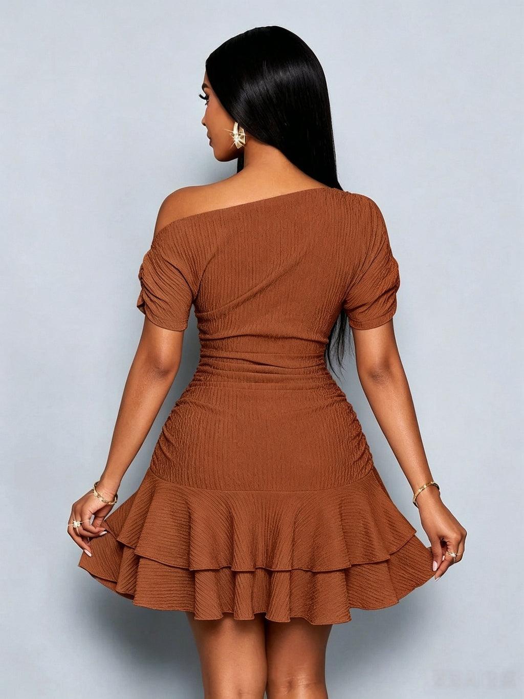 Rachele One-Shoulder Ruched Ruffle-Hem Mini Dress