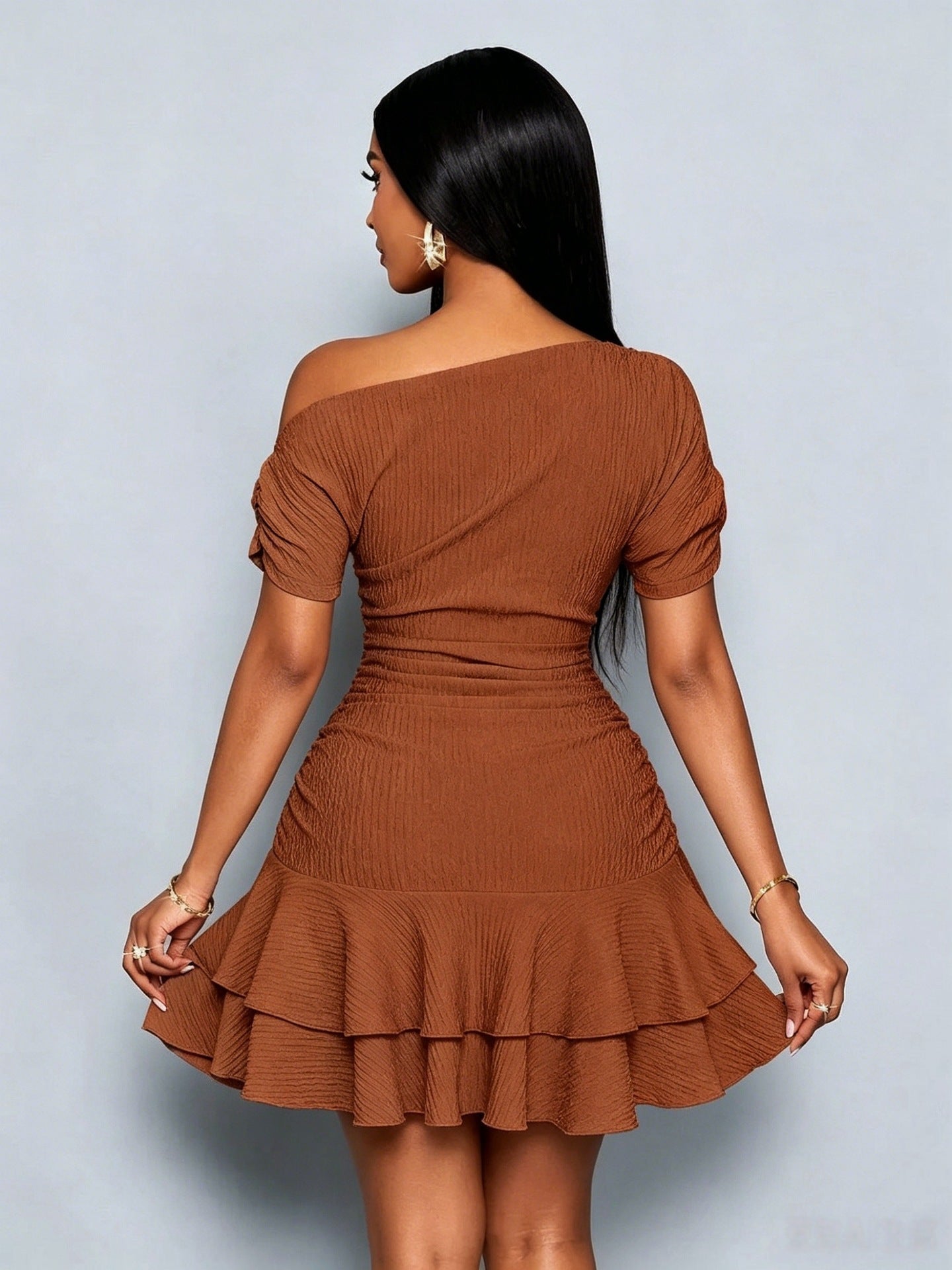 Rachele One-Shoulder Ruched Ruffle-Hem Mini Dress