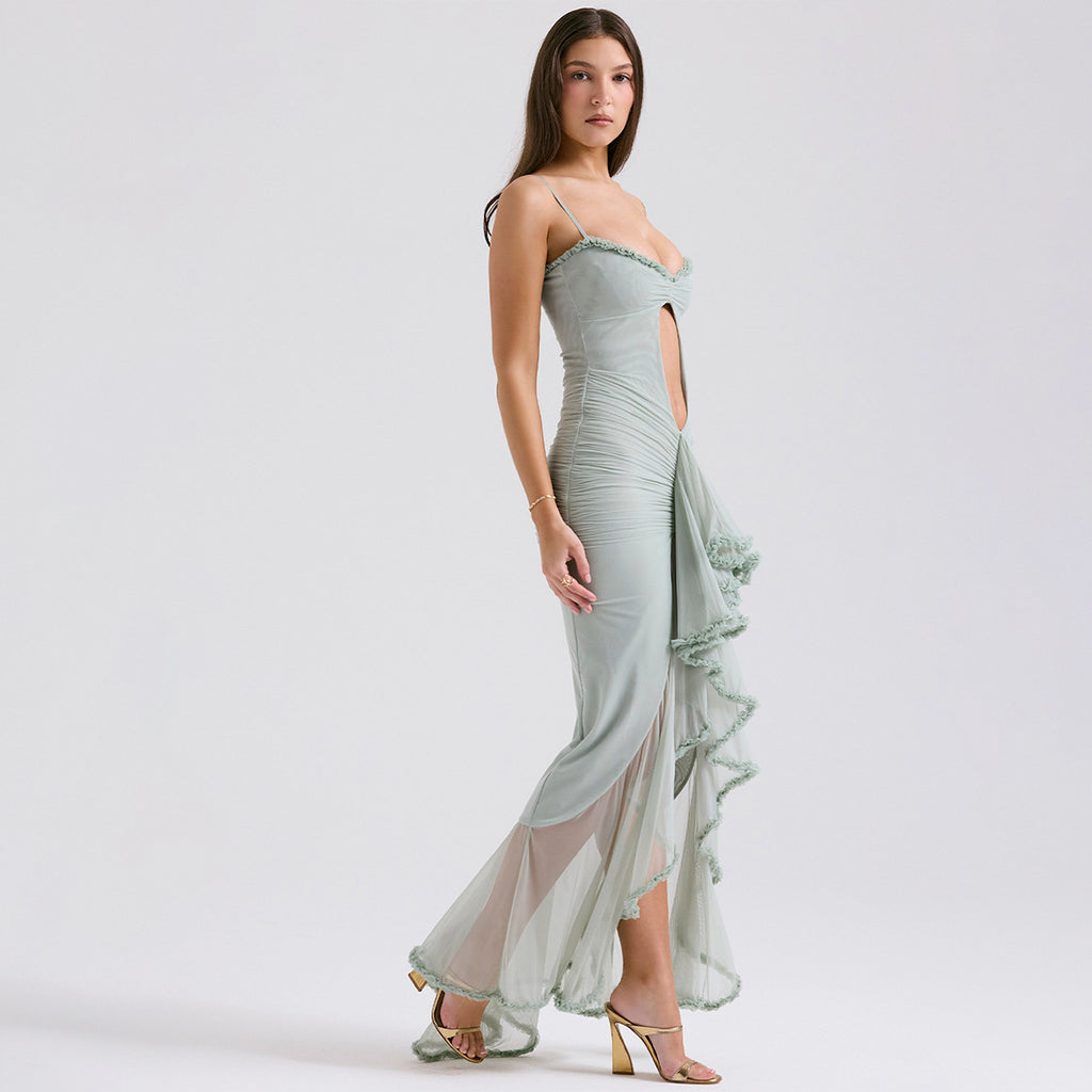 Tatiana Ruffle Mesh Fishtail Maxi Dress — Oli Amore