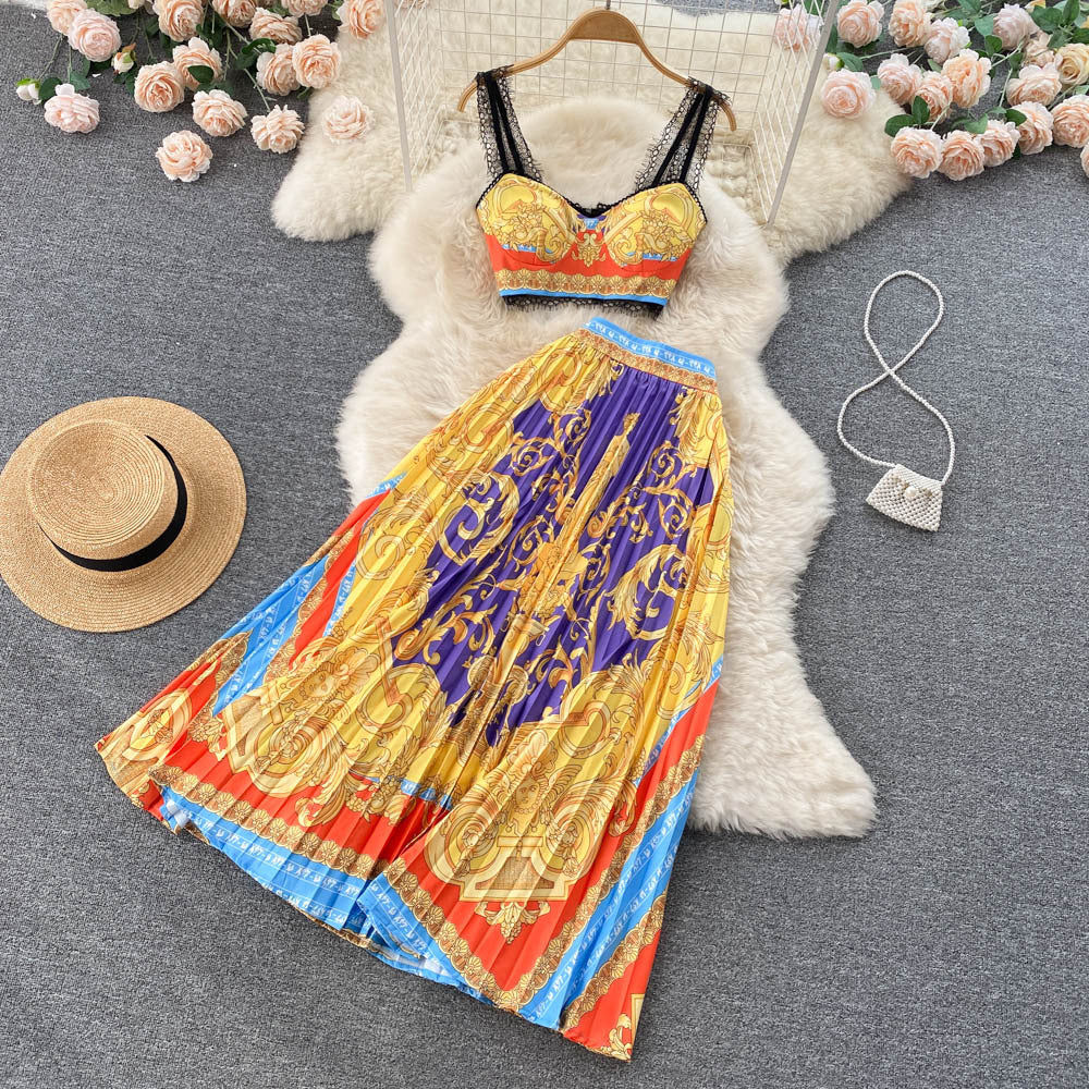 Albina Baroque-Print Corset Top & Pleated Skirt Set