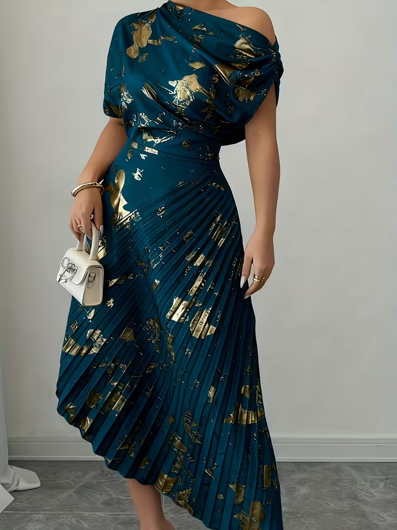 Fedora Metallic Foil Asymmetric Pleated Midi Dress