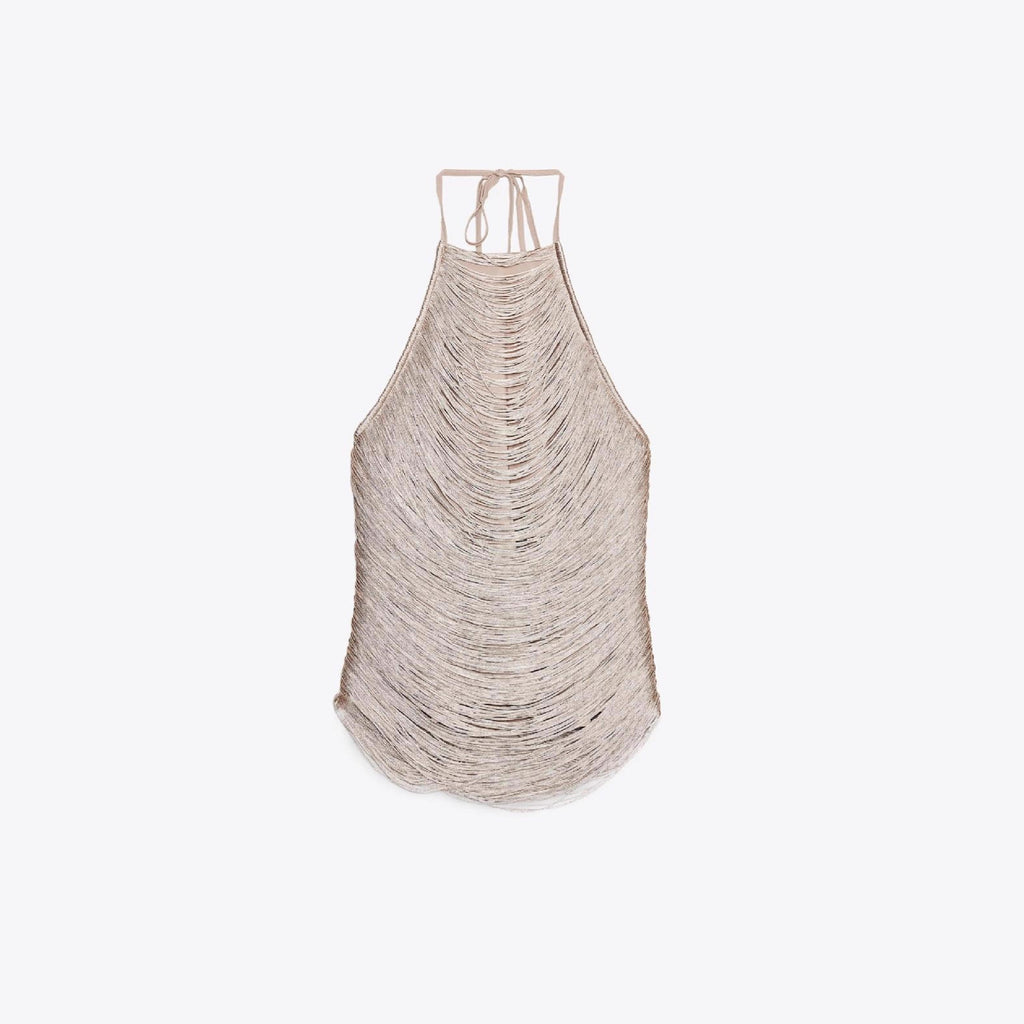Estella Metallic Fringe Halter Top