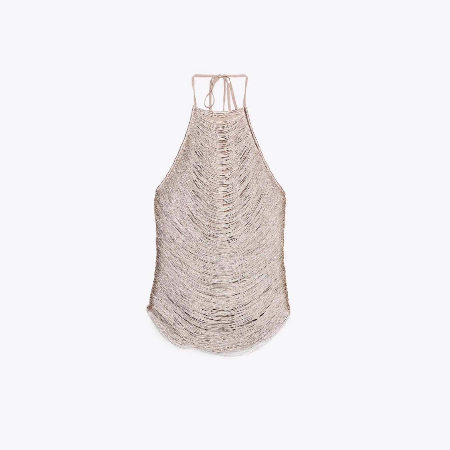 Estella Metallic Fringe Halter Top