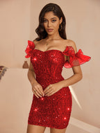 Cristina Emerald Sequin Off-Shoulder Bodycon Mini Dress