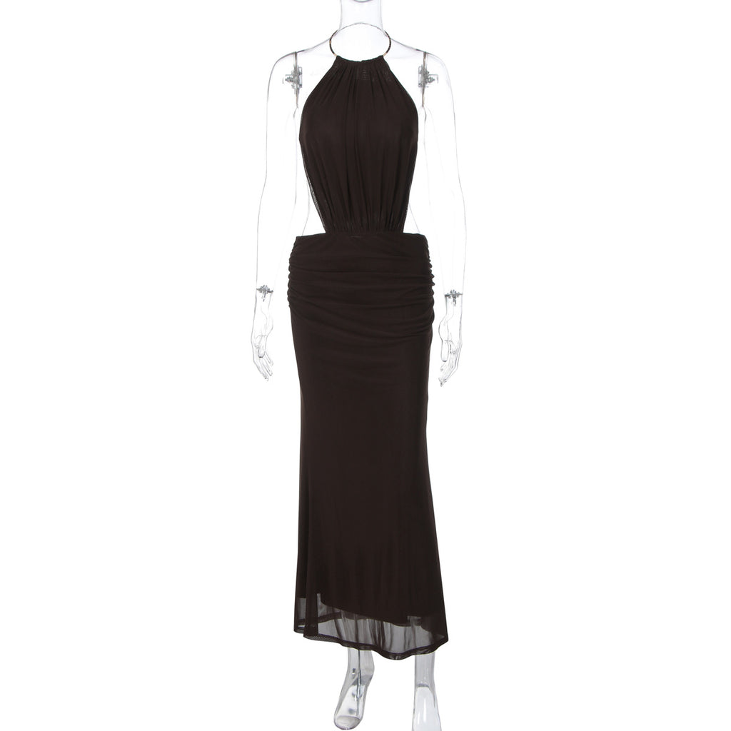 Assunta Metal-Ring Halter Backless Ruched Maxi Dress