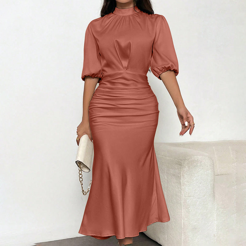 Letizia Satin Ruched Mock-Neck Midi Dress