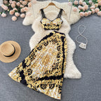 Albina Baroque-Print Corset Top & Pleated Skirt Set