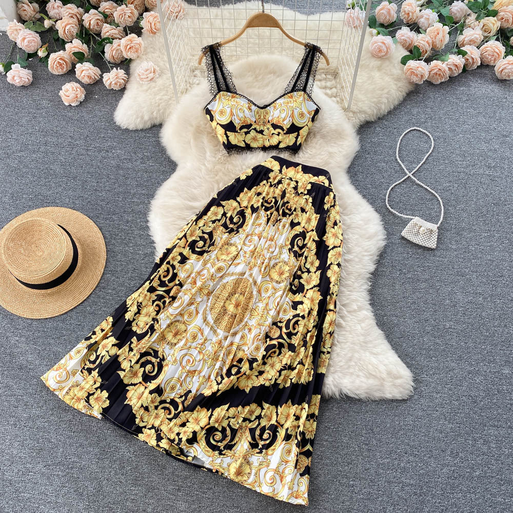 Albina Baroque-Print Corset Top & Pleated Skirt Set