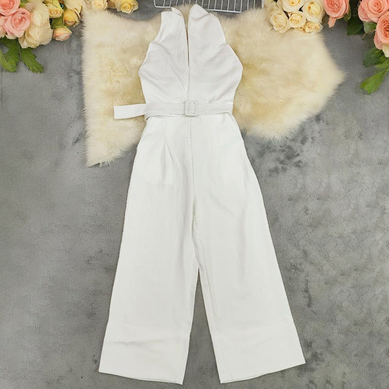 Romana Cross-Halter Belted Wide-Leg Jumpsuit