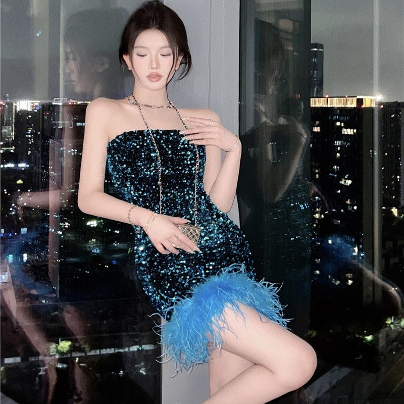 Fulvia feather-hem sequin mini