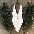 Delia Ring-Belt Plunge One-Piece Swimsuit