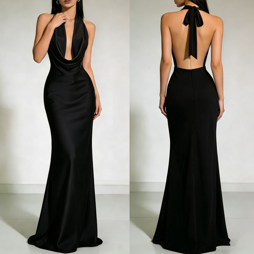 Liora Satin Cowl-Neck Backless Maxi Gown
