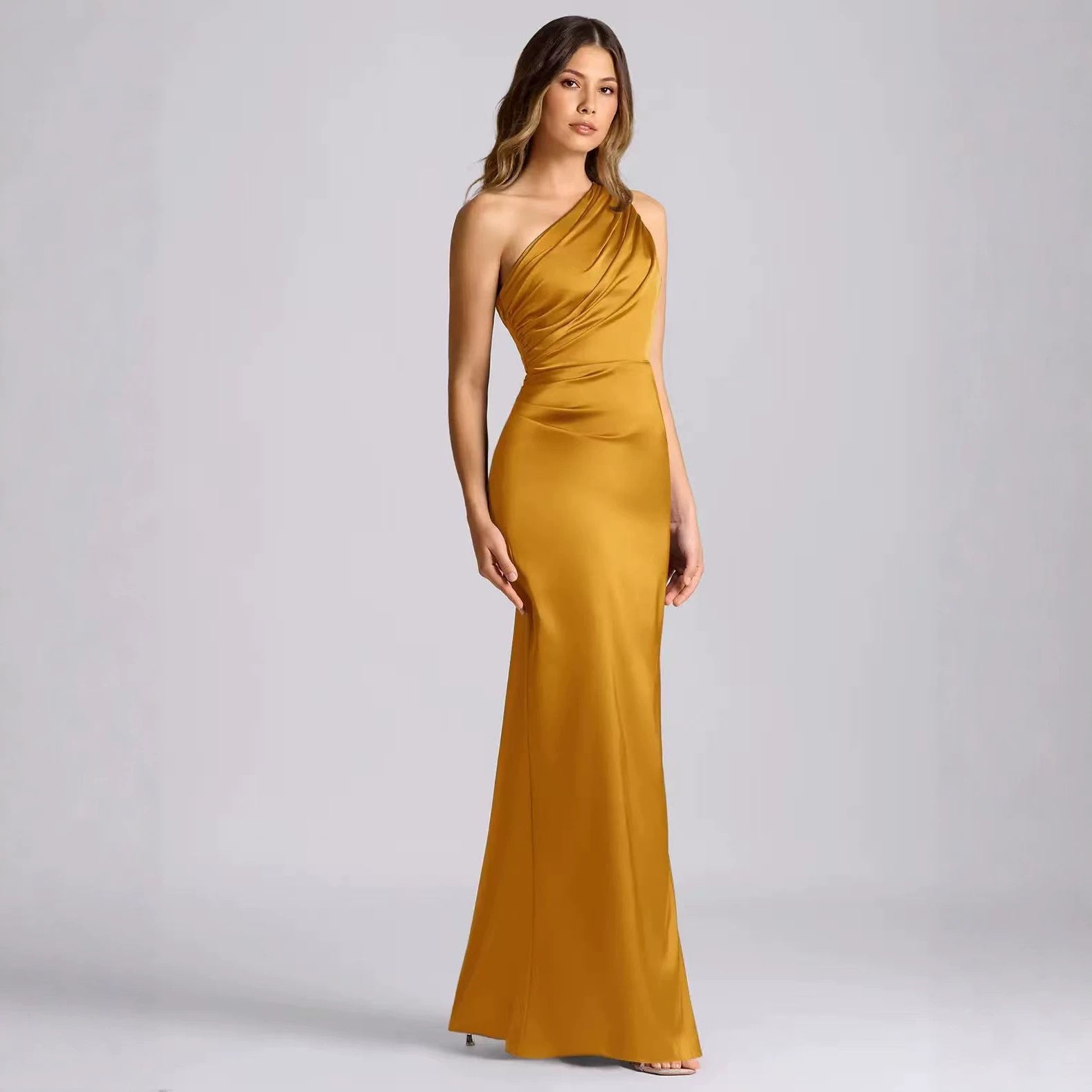Rosita One-Shoulder Ruched Satin Maxi Dress
