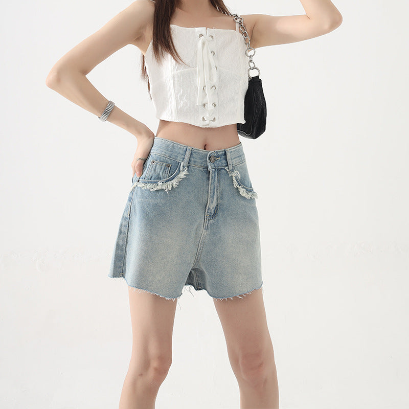 Cornelia High Waist Frayed Denim Shorts
