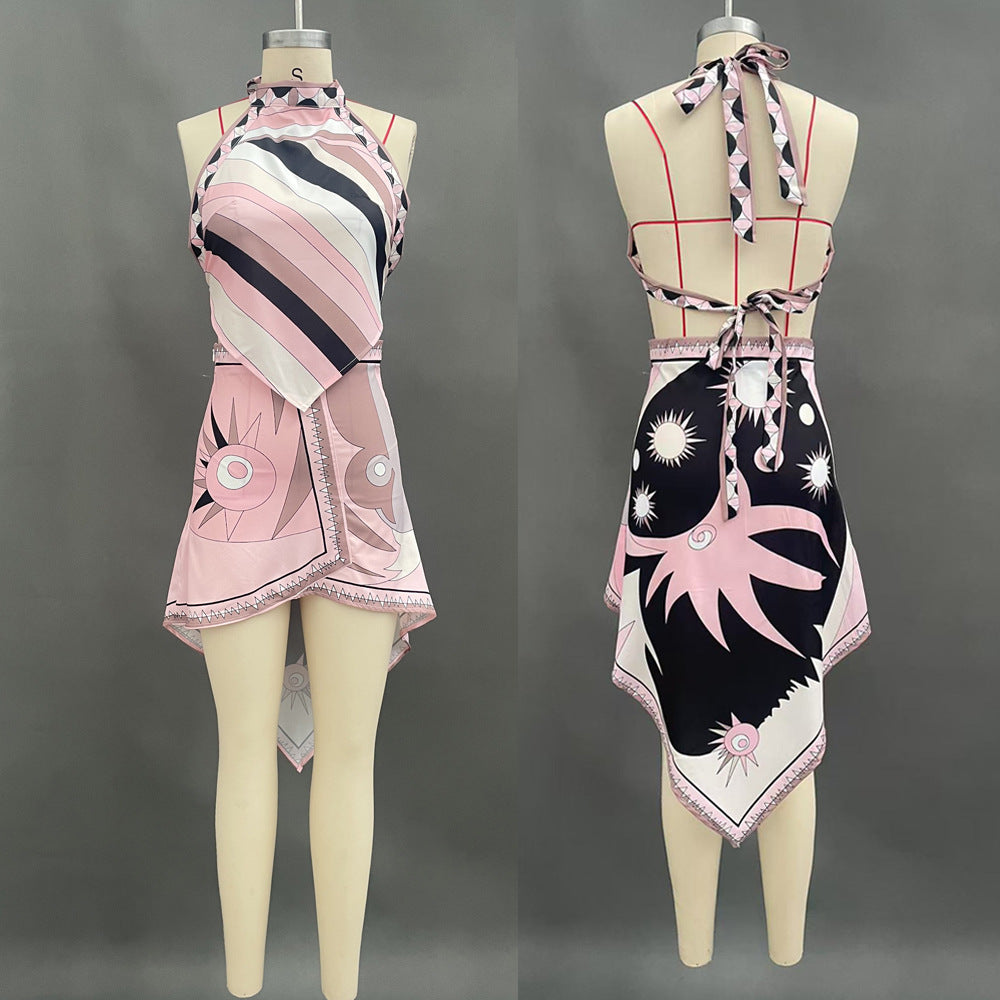Crocetta Printed Satin Halter Crop Top & Maxi Skirt Set