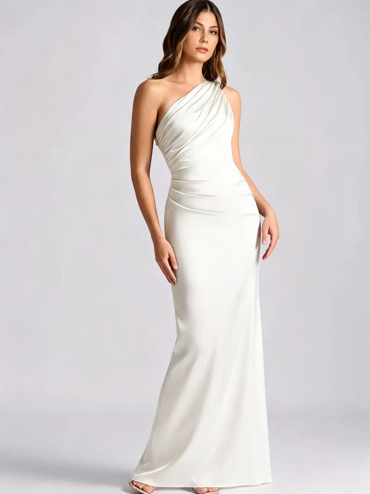 Rosita One-Shoulder Ruched Satin Maxi Dress