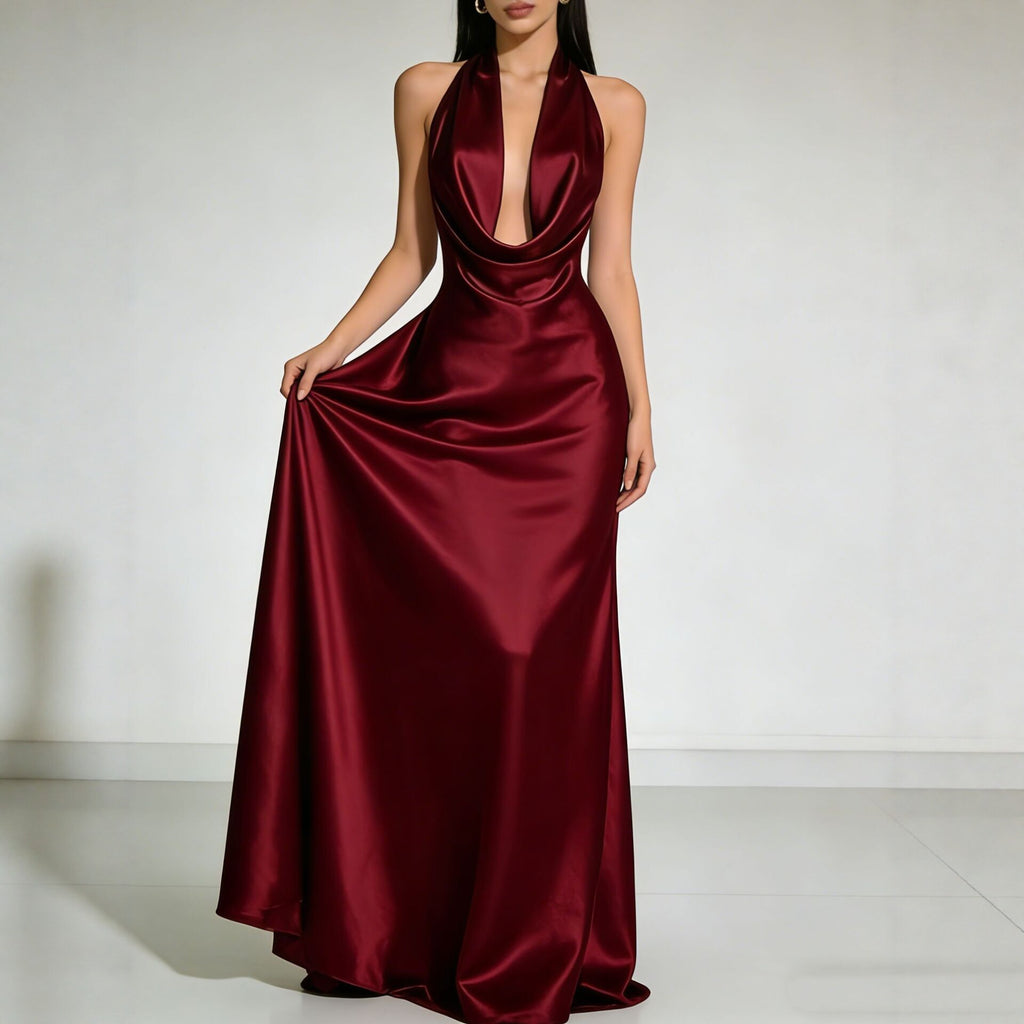 Liora Satin Cowl-Neck Backless Maxi Gown