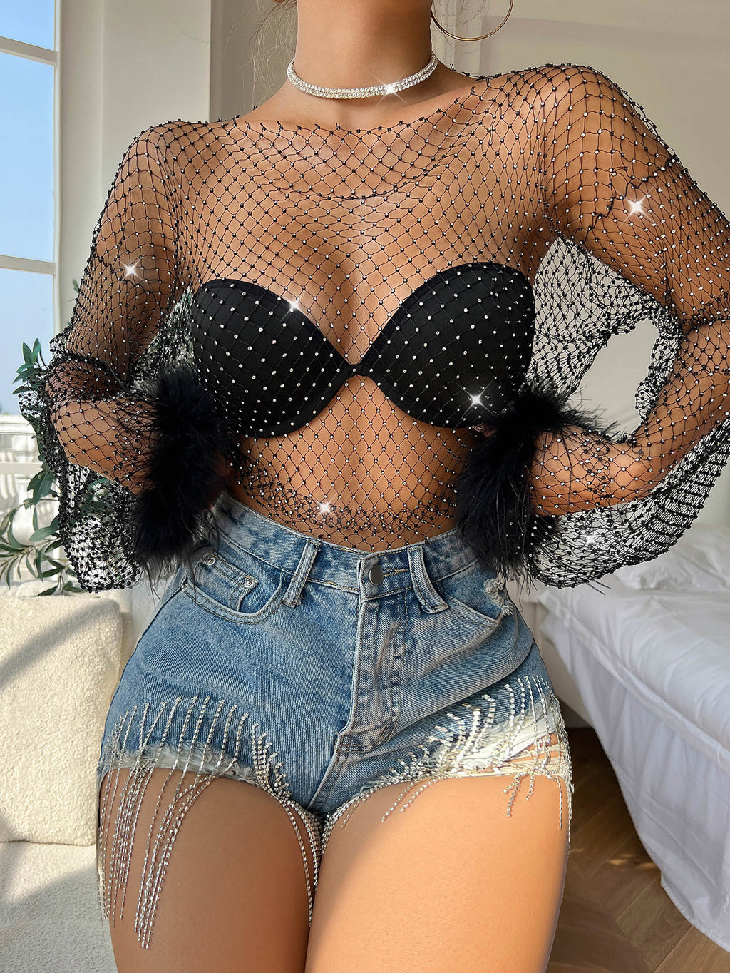 Floriana Rhinestone Mesh Top