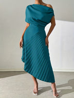 Fedora Metallic Foil Asymmetric Pleated Midi Dress