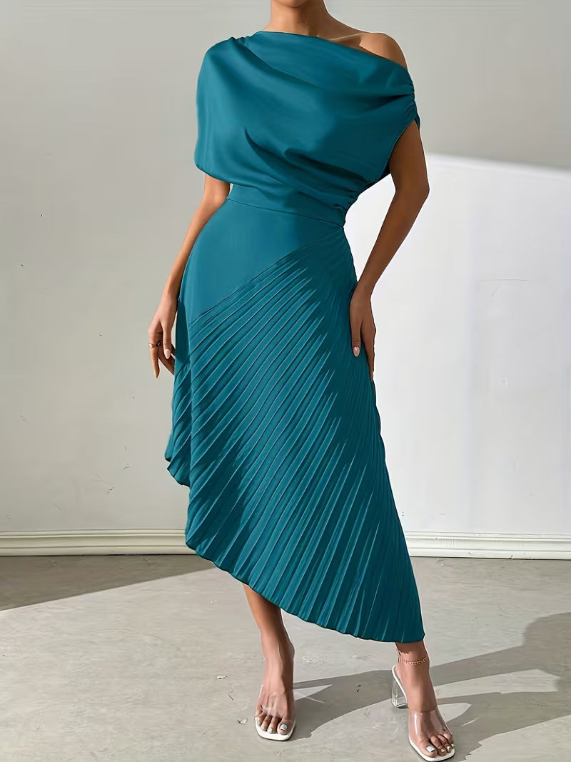 Fedora Metallic Foil Asymmetric Pleated Midi Dress