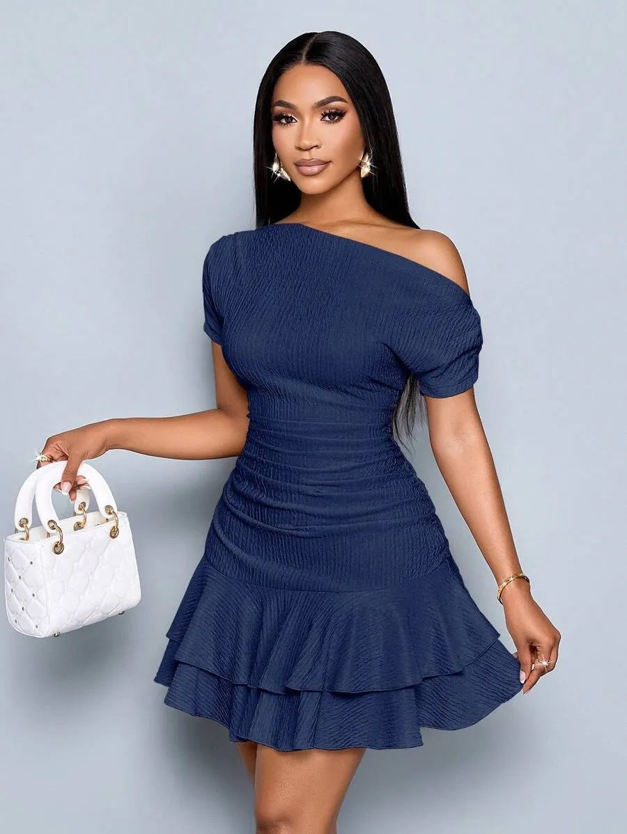 Rachele One-Shoulder Ruched Ruffle-Hem Mini Dress