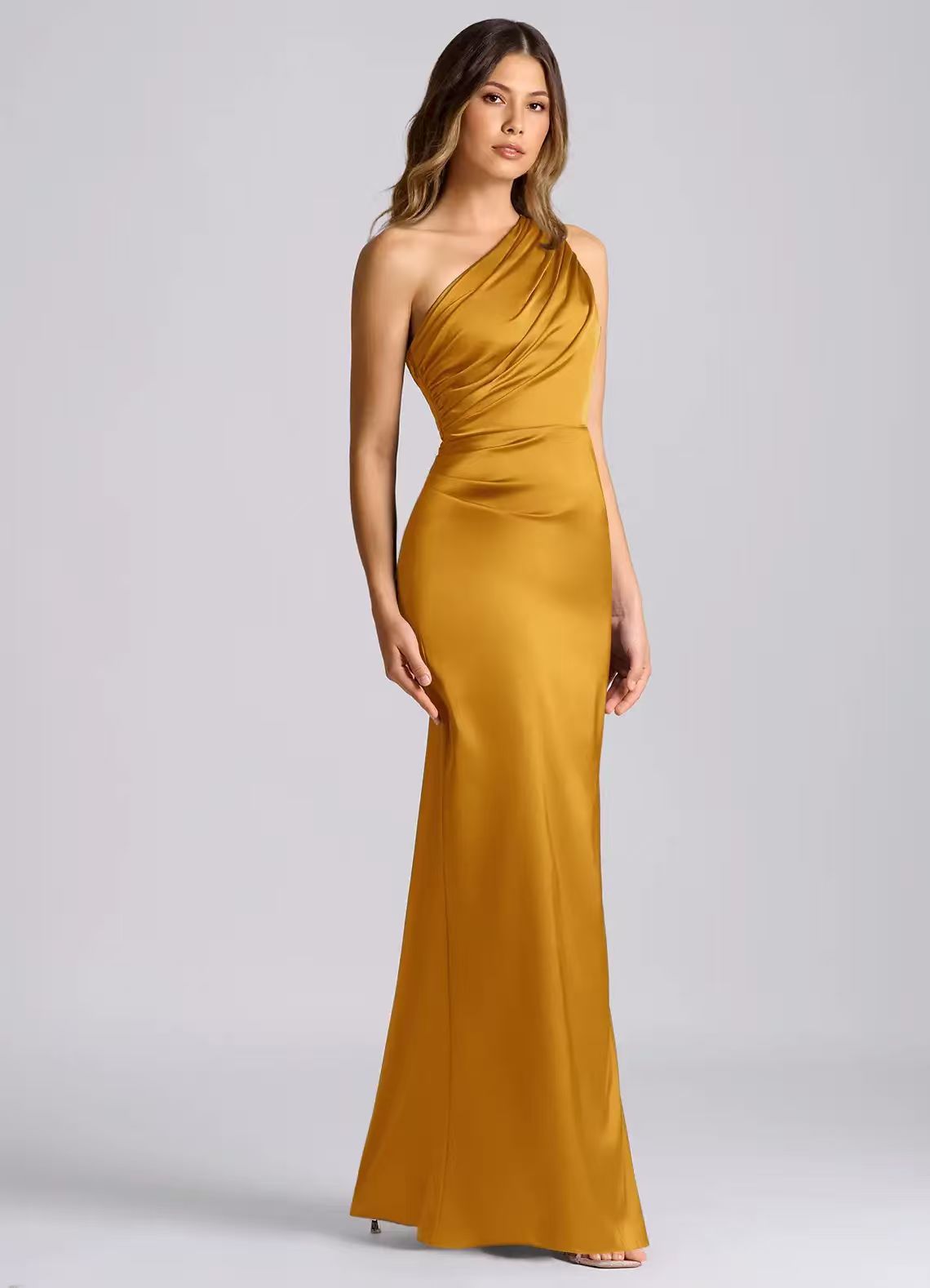 Rosita One-Shoulder Ruched Satin Maxi Dress