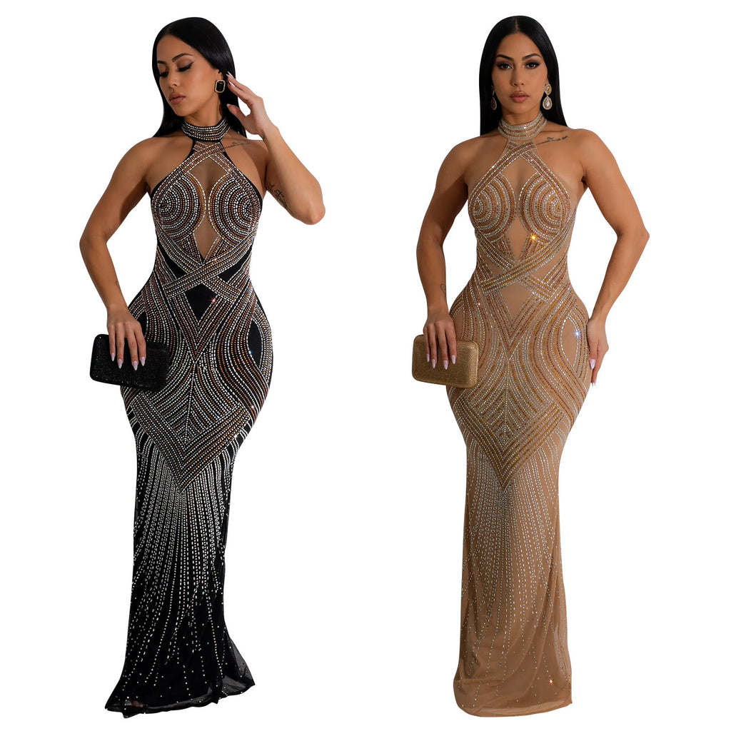 Mirta Rhinestone Mesh Halter Backless Maxi Dress