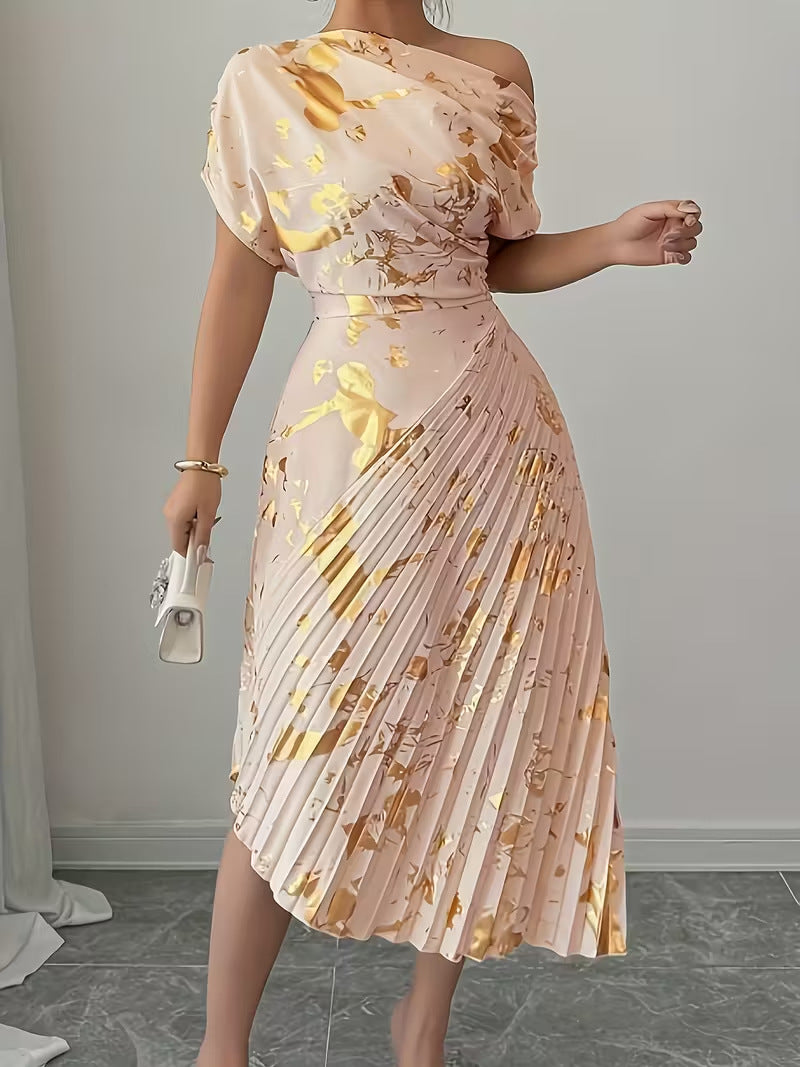 Fedora Metallic Foil Asymmetric Pleated Midi Dress