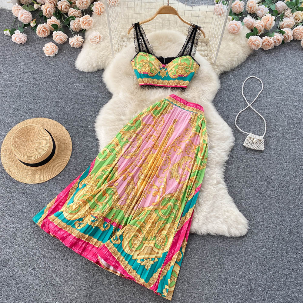 Albina Baroque-Print Corset Top & Pleated Skirt Set